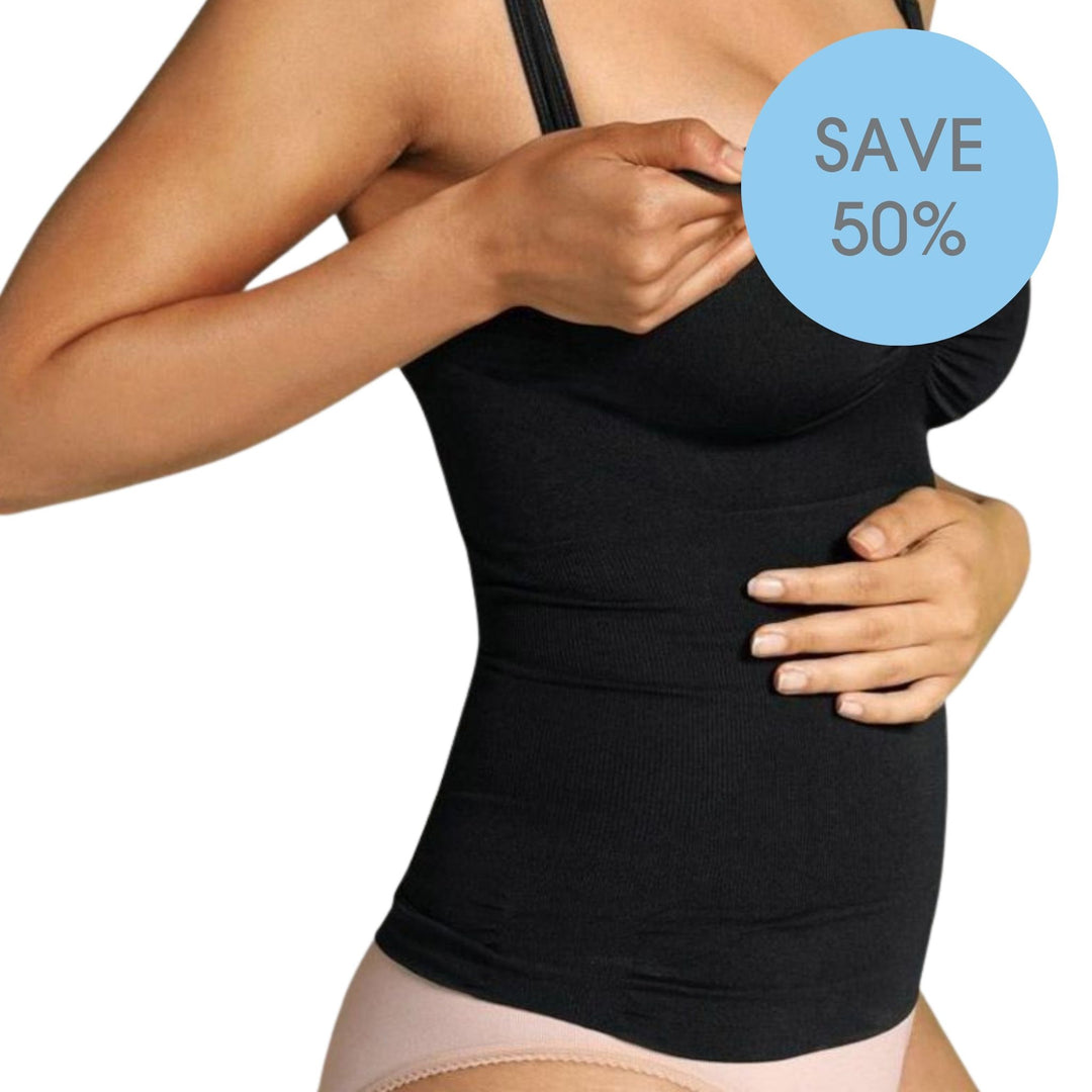 Woman demonstrating the nursing access on a black maternity and nursing shaping camisole with a 50% off promotion.