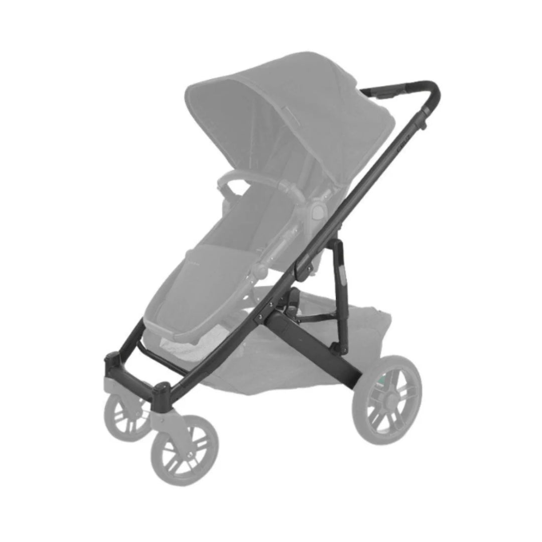 UPPAbaby Cruz V2 replacement base frame in carbon with black leather handle, shown assembled with stroller seat and wheels, lightweight modular baby pushchair frame.