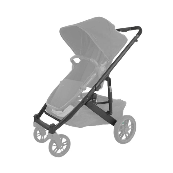 UPPAbaby Cruz V2 replacement base frame in carbon with black leather handle, shown assembled with stroller seat and wheels, lightweight modular baby pushchair frame.