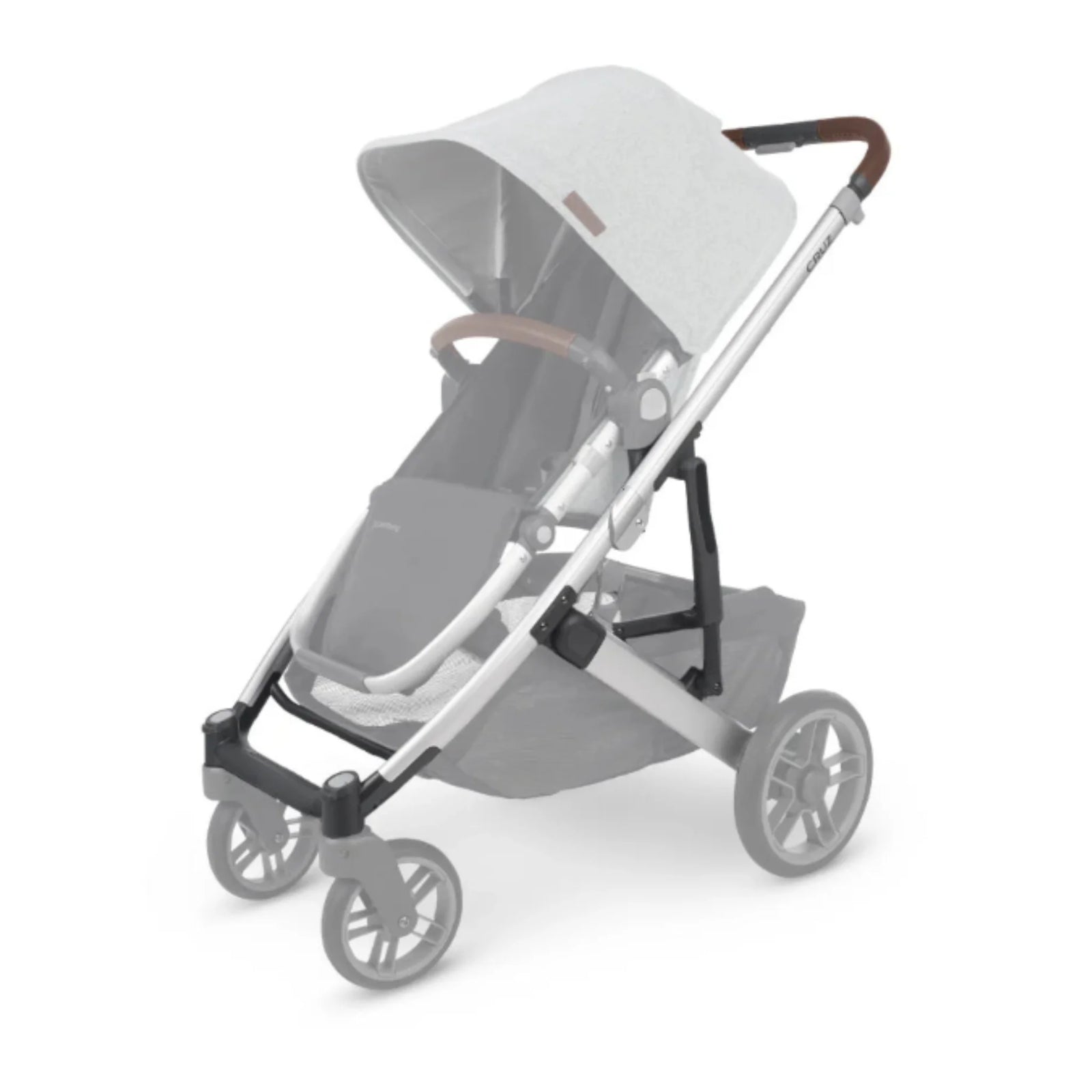 UPPAbaby Cruz V2 replacement base frame in silver with chestnut leather handle, shown assembled with stroller seat and wheels, lightweight modular baby pushchair frame.