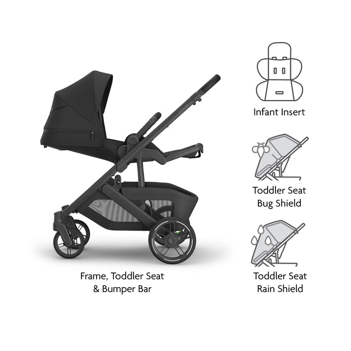 Black stroller with labeled components on a white background