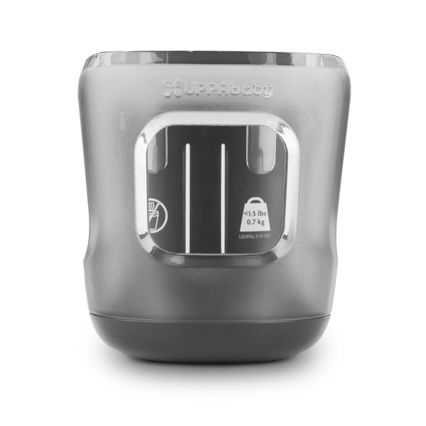 UPPAbaby stroller cup holder accessory in grey, designed to securely hold drinks and bottles while walking, compatible with UPPAbaby Vista, Cruz and Minu pushchairs.