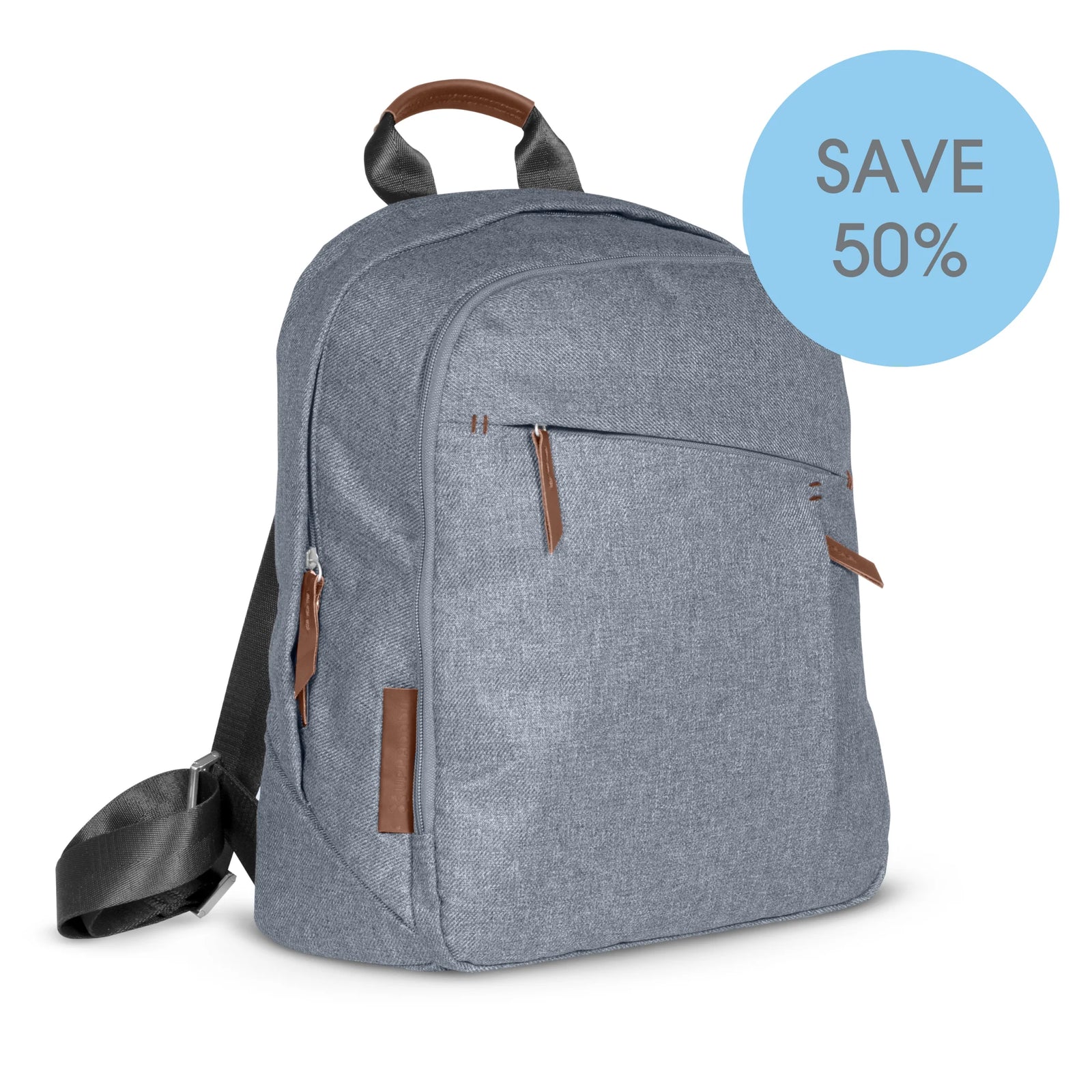 “UPPAbaby Gregory changing backpack in grey with brown trim on a white background with ‘Save 50%’ outlet badge