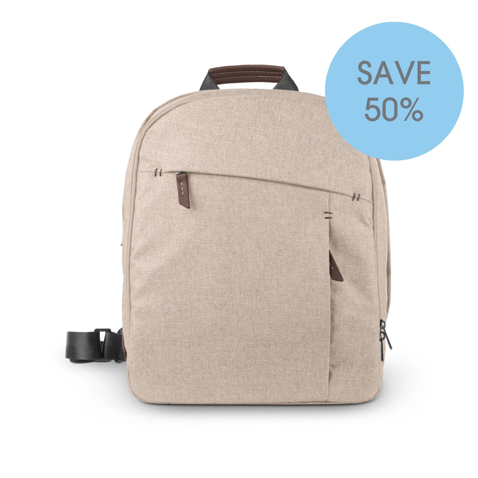 UPPAbaby Liam changing backpack in Declan beige on a white background with ‘Save 50%’ outlet offer badge