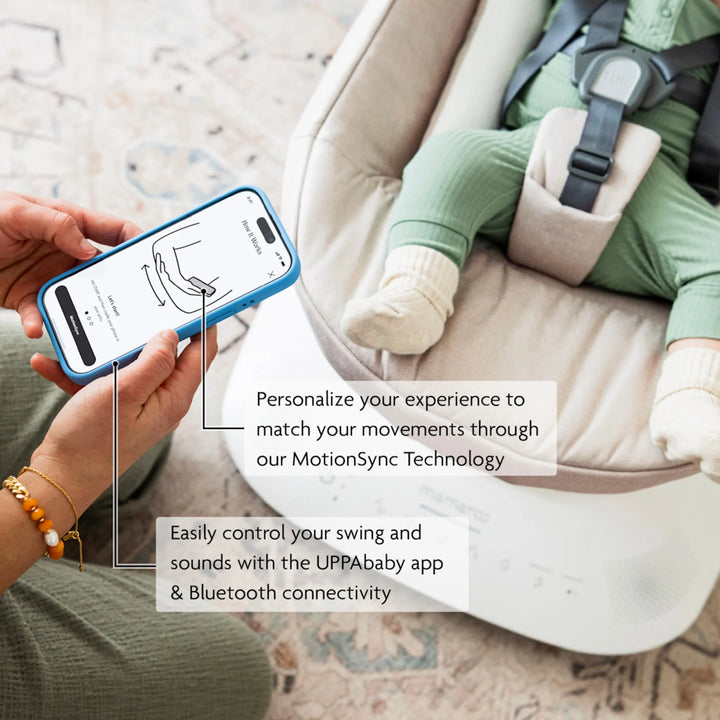 UPPAbaby MamaRoo smart swing app control – parent using UPPAbaby app with Bluetooth to control swing motions and sounds and personalise MotionSync Technology.