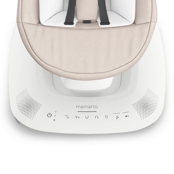 UPPAbaby MamaRoo smart swing (Charlie) close-up of base controls and speaker grille with “mamaRoo” branding.