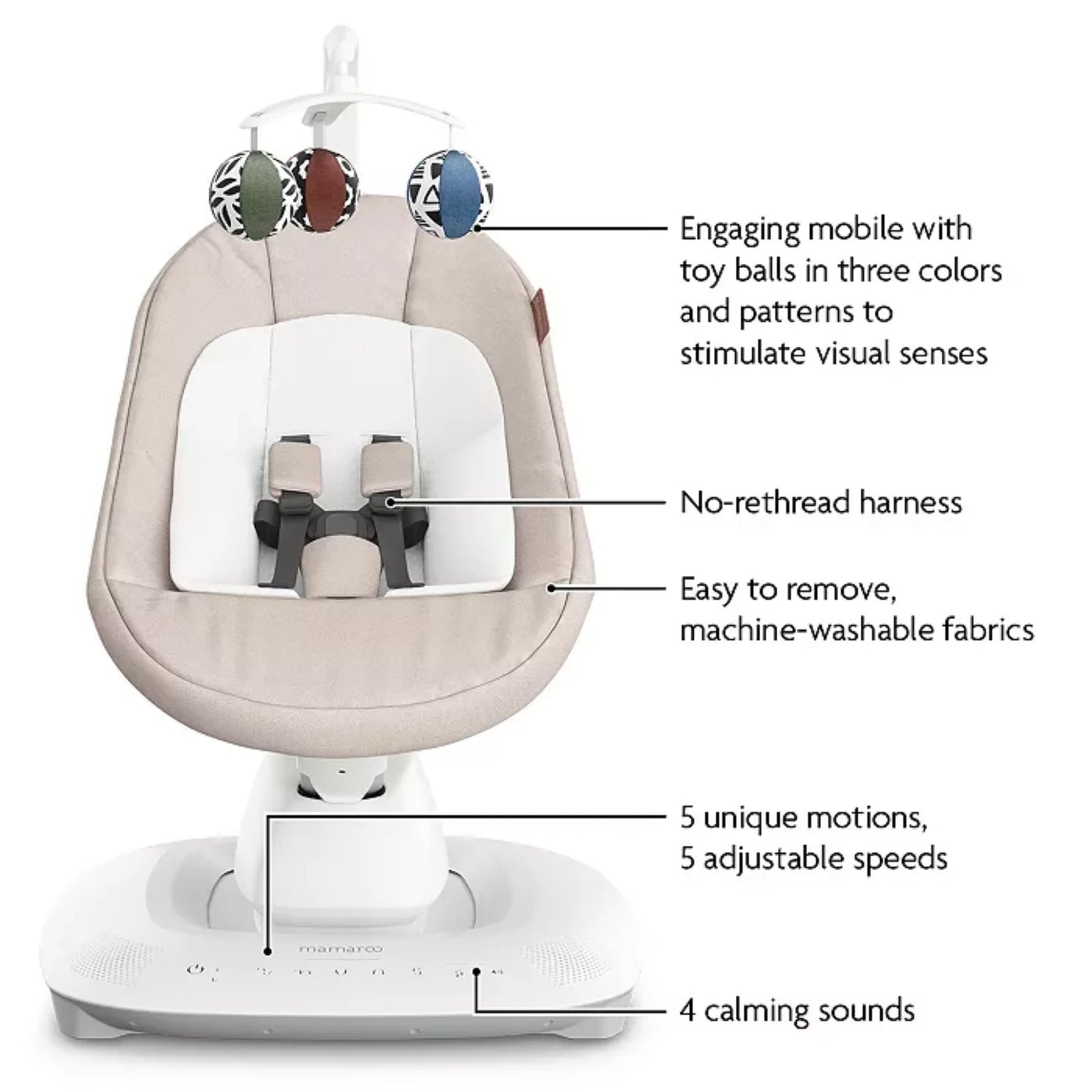 UPPAbaby MamaRoo smart swing Charlie features: toy mobile, no-rethread harness, removable machine-washable fabrics, 5 motions with 5 speeds, and 4 calming sounds.
