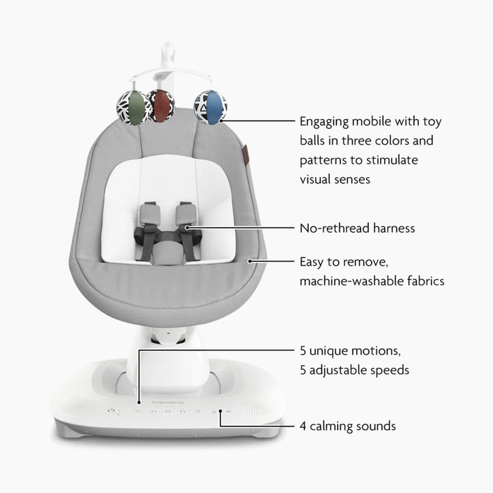 UPPAbaby MamaRoo smart swing Stella features: toy mobile, no-rethread harness, removable machine-washable fabrics, 5 motions with 5 speeds, and 4 calming sounds.