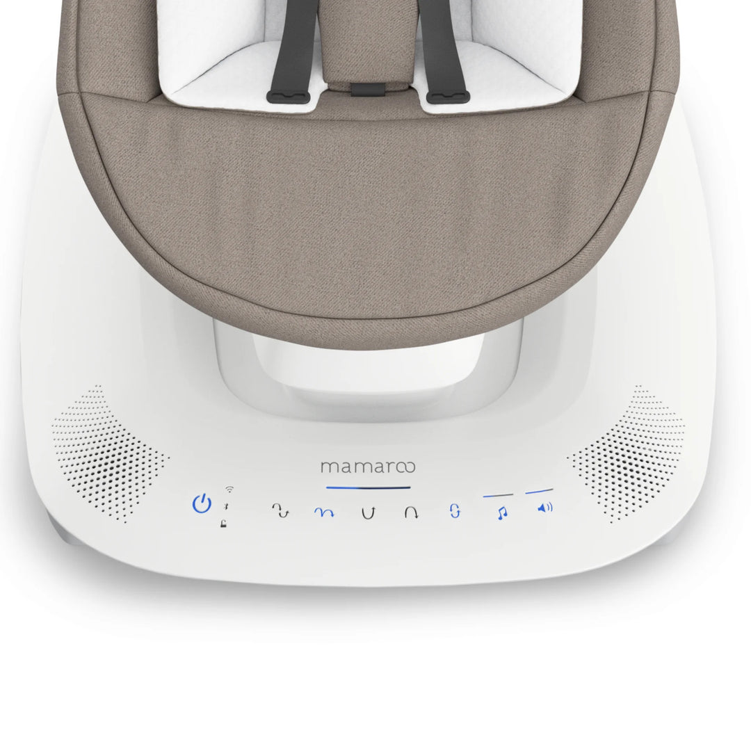 Close-up of the UPPAbaby MamaRoo Smart Swing control panel and speaker grille on a white background.