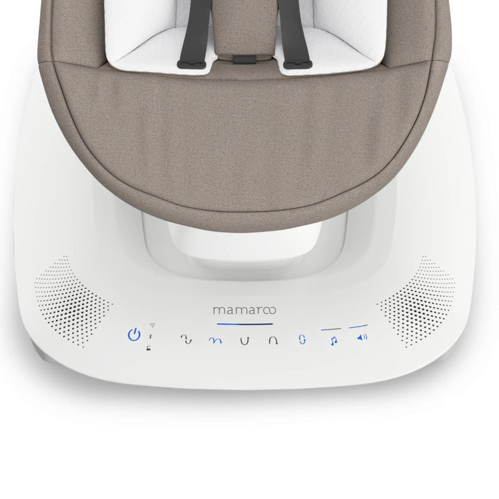 Close-up of the UPPAbaby MamaRoo Smart Swing control panel and speaker grille on a white background.