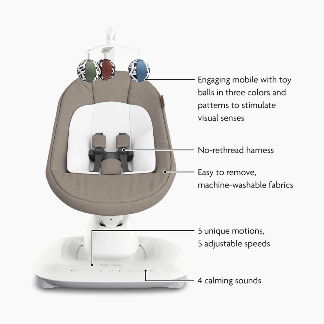 UPPAbaby MamaRoo Smart Swing in Wells with feature callouts: toy ball mobile, no-rethread harness, removable machine-washable fabric, 5 motions/5 speeds and 4 calming sounds.