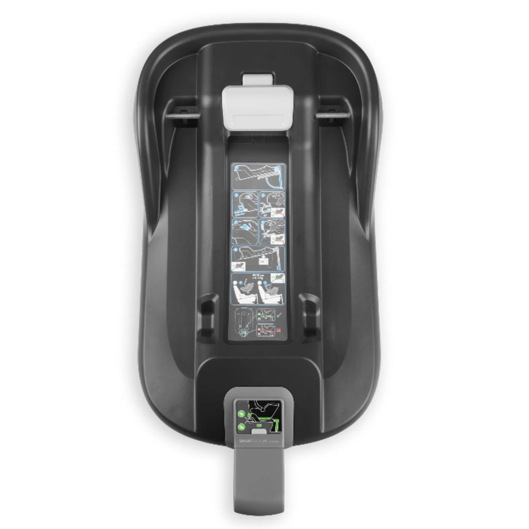 Top-down view of the UPPAbaby MESA i-Size infant car seat ISOFIX base, showing installation indicators and safety label graphics for secure car seat attachment.