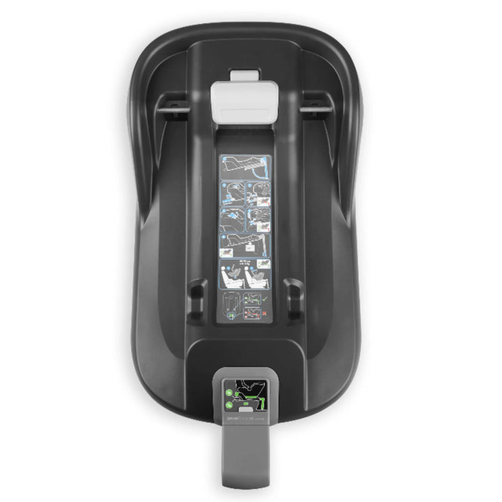 Top-down view of the UPPAbaby MESA i-Size infant car seat ISOFIX base, showing installation indicators and safety label graphics for secure car seat attachment.