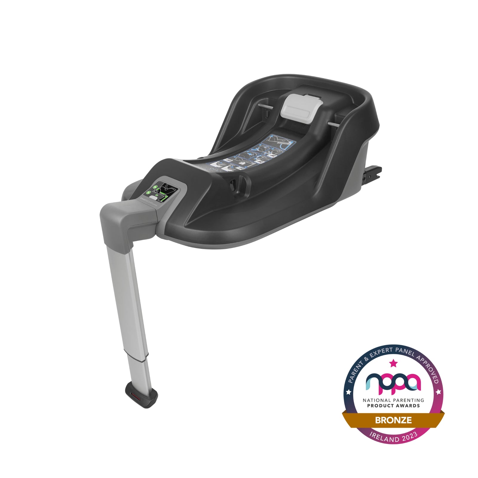 Product shot of the UPPAbaby Mesa i-Size infant car seat with extendable leg and visual indicators to install. With bronze NPPA award logo in the bottom right hand corner