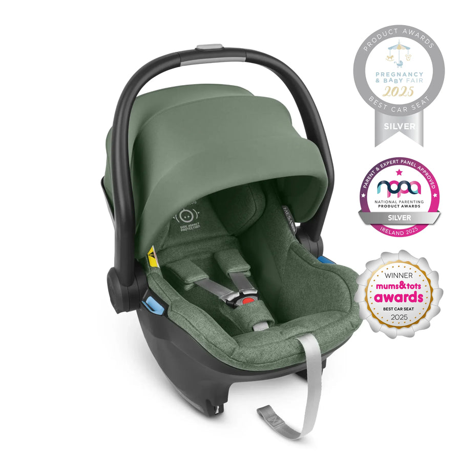 UPPAbaby MESA i-SIZE infant car seat in deep green, award-winning 2025 best car seat with silver accolades from Pregnancy & Baby Fair and National Parenting Product Awards, featuring side impact protection, ergonomic carry handle, and adjustable canopy – premium safety and comfort for newborns