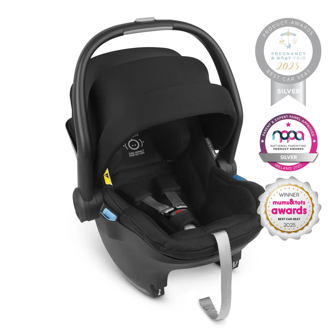 UPPAbaby MESA i-SIZE infant car seat in sleek black, award-winning 2025 best car seat with silver accolades from Pregnancy & Baby Fair and National Parenting Product Awards, plus Mums & Tots award – premium newborn car seat with advanced safety, comfort, and side impact protection.