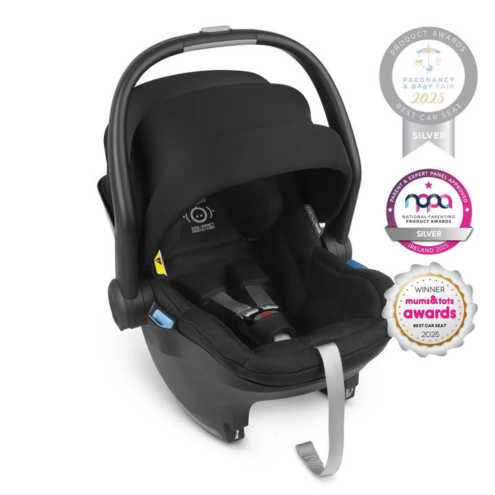 UPPAbaby MESA i-SIZE infant car seat in sleek black, award-winning 2025 best car seat with silver accolades from Pregnancy & Baby Fair and National Parenting Product Awards, plus Mums & Tots award – premium newborn car seat with advanced safety, comfort, and side impact protection.
