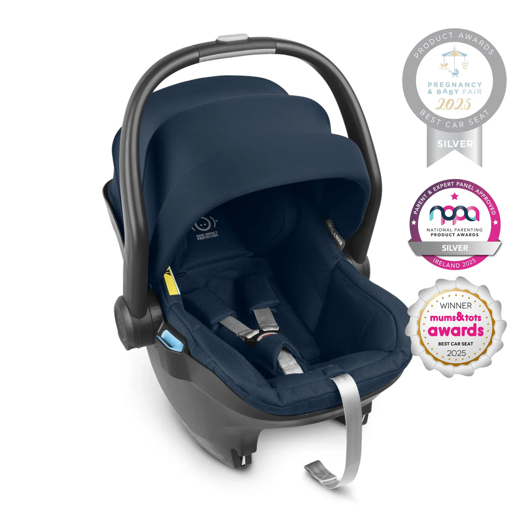 UPPAbaby MESA i-SIZE infant car seat in navy blue, 2025 award-winning baby car seat with silver recognition from Pregnancy & Baby Fair and National Parenting Product Awards, plus Mums & Tots award – safe, stylish newborn travel system with superior side impact protection and comfort.