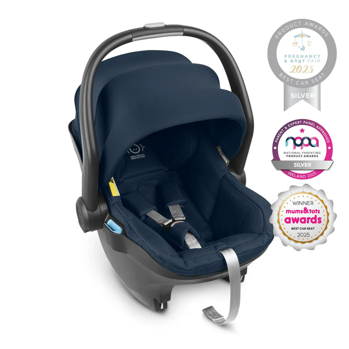 UPPAbaby MESA i-SIZE infant car seat in navy blue, 2025 award-winning baby car seat with silver recognition from Pregnancy & Baby Fair and National Parenting Product Awards, plus Mums & Tots award – safe, stylish newborn travel system with superior side impact protection and comfort.