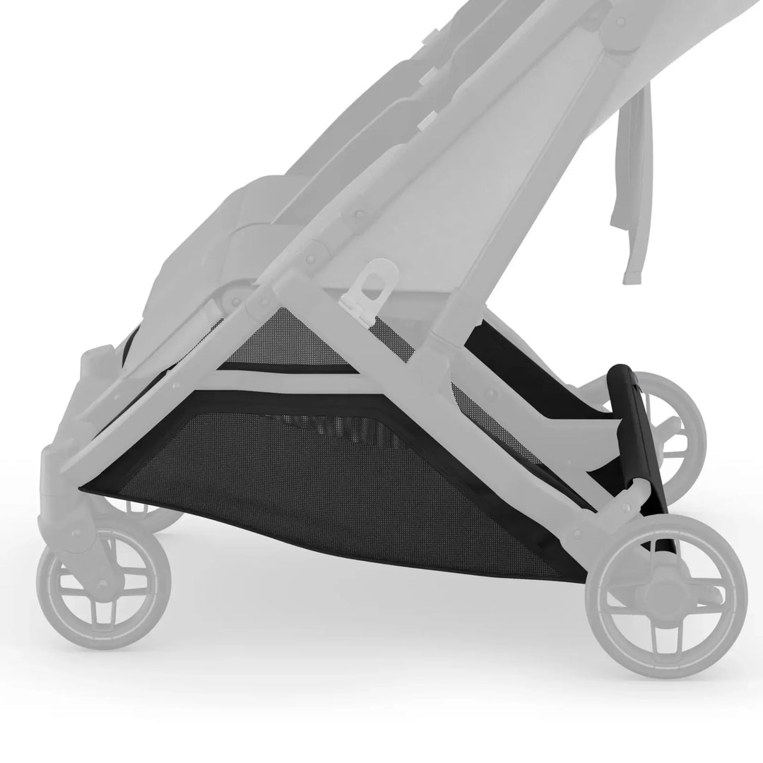 UPPAbaby Minu Duo stroller basket fabric attached beneath the frame, shown in black on a white background.