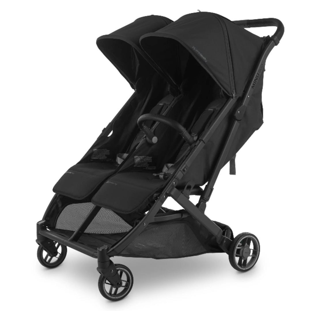 UPPAbaby MINU Duo double stroller in black, angled view with bumper bar and dual canopies on white background