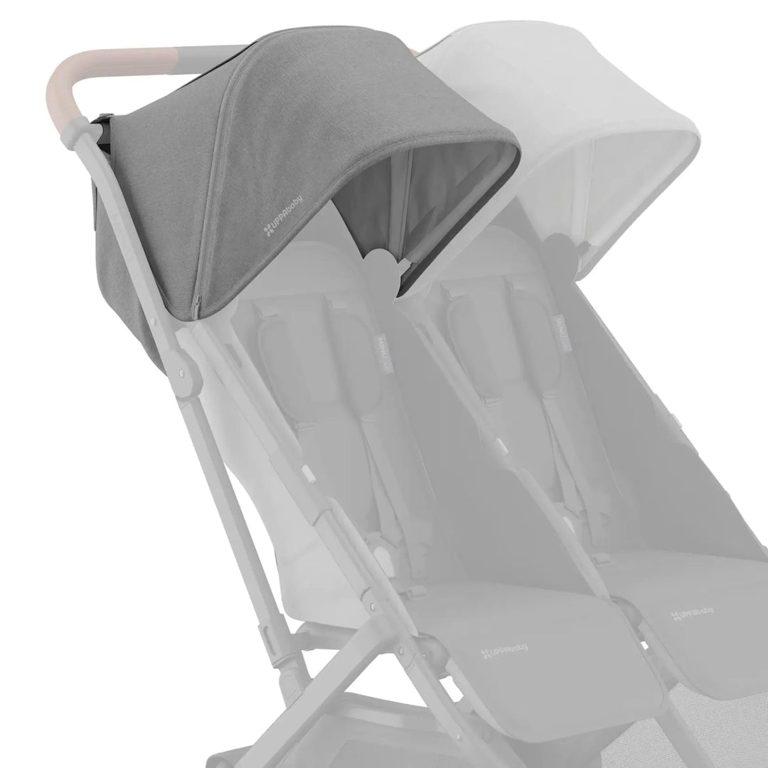 UPPAbaby Minu Duo stroller with a grey (Greyson) replacement canopy installed on the left seat, with the opposite seat faded on a white background.