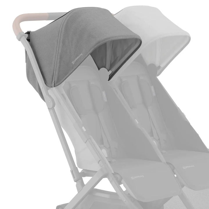 UPPAbaby Minu Duo stroller with a grey (Greyson) replacement canopy installed on the left seat, with the opposite seat faded on a white background.