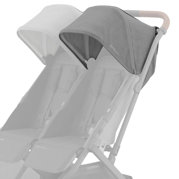 UPPAbaby Minu Duo stroller with a grey (Greyson) replacement canopy installed on the right seat, with the opposite seat faded on a white background.