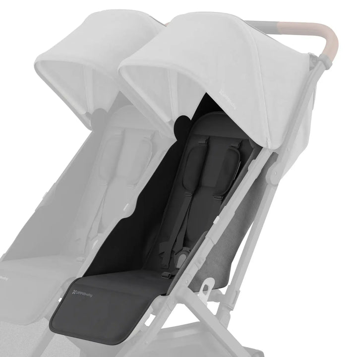 UPPAbaby Minu Duo stroller with grey (Greyson) replacement seat fabric installed on the right seat, with the opposite seat faded on a white background.