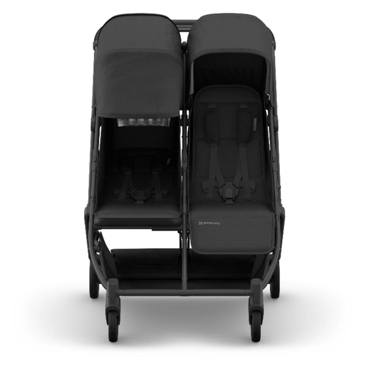 Front view of UPPAbaby Minu Duo double stroller in Jake black, compact two-seat twin/sibling pushchair on white background