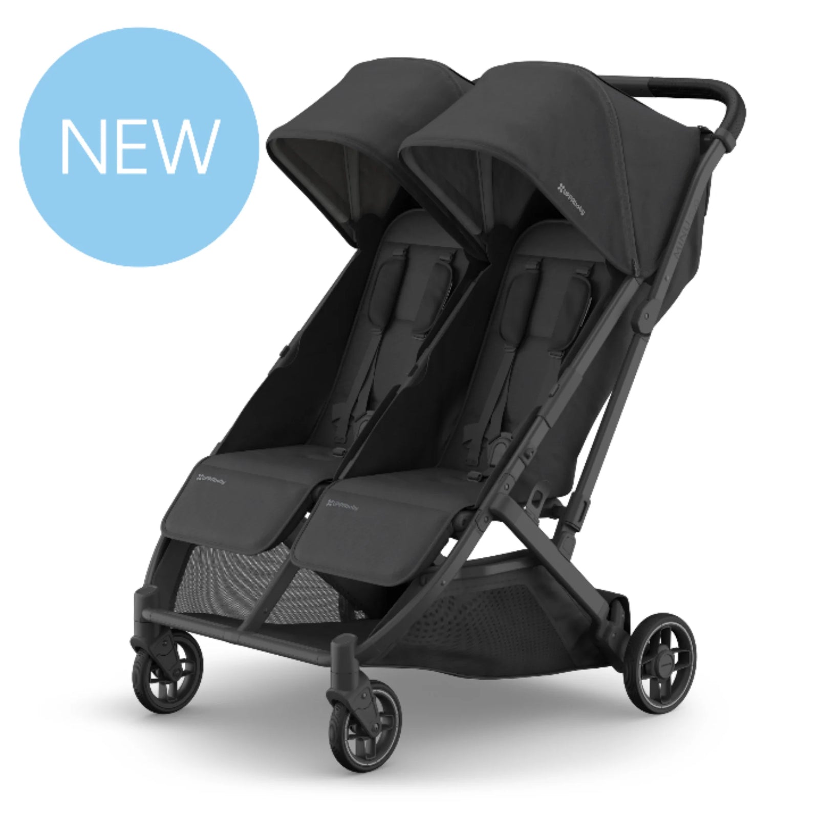 UPPAbaby Minu Duo double stroller in black, twin pushchair with two seats, shown on white background with “NEW” badge
