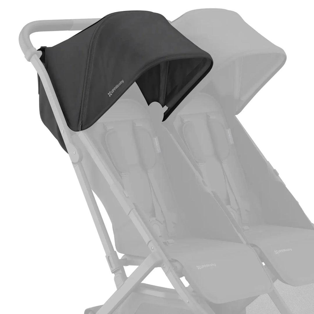 UPPAbaby Minu Duo stroller shown with a black replacement canopy installed over one seat, highlighting the canopy fabric and fit on the frame.