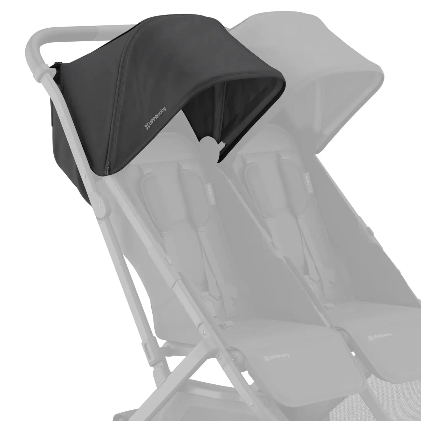 UPPAbaby Minu Duo stroller shown with a black replacement canopy installed over one seat, highlighting the canopy fabric and fit on the frame.