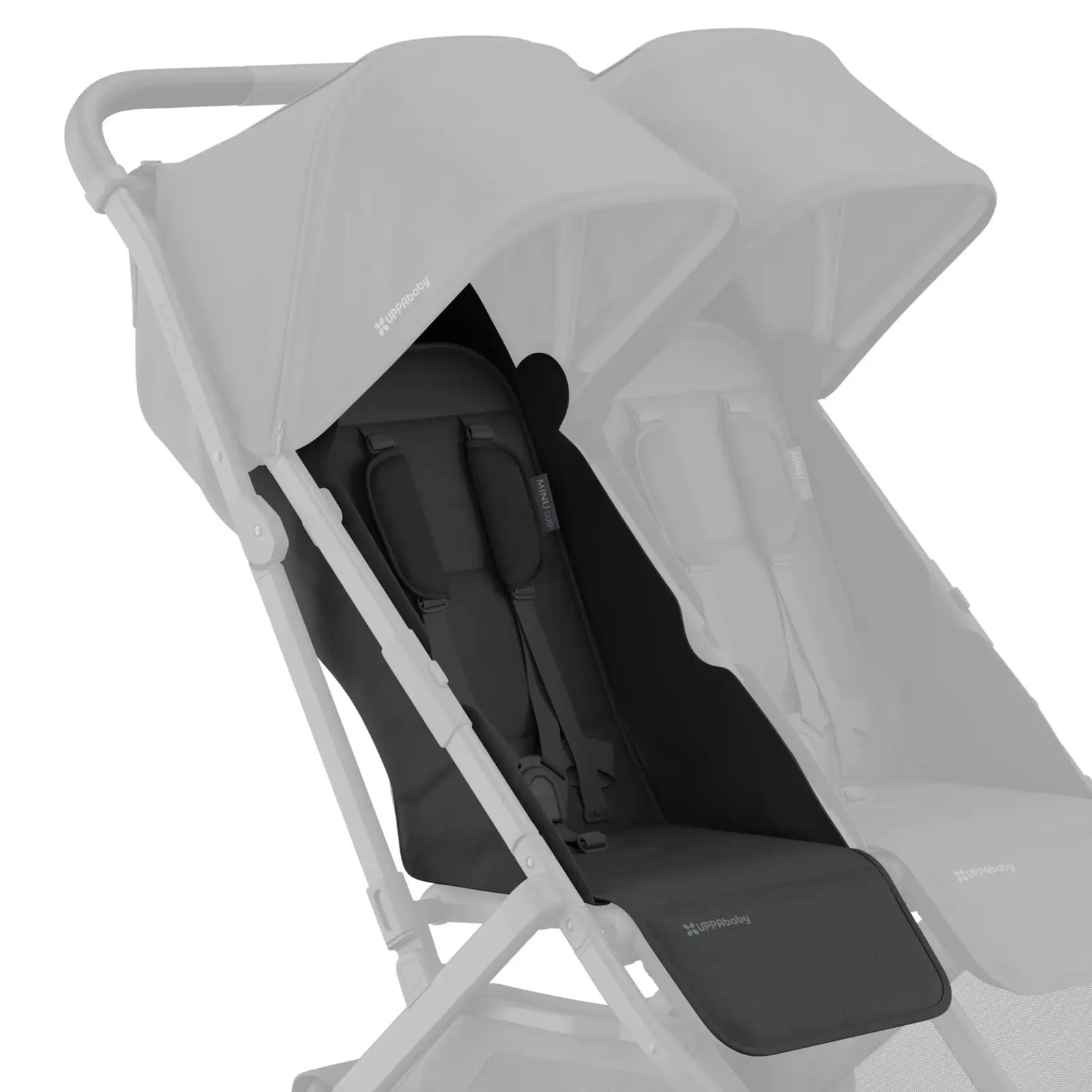 UPPAbaby Minu Duo stroller with black (Jake) replacement seat fabric installed on the left seat, with the opposite seat faded on a white background.
