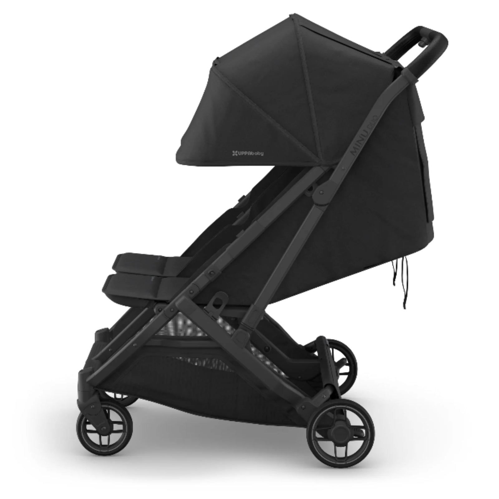 Side view of UPPAbaby Minu Duo double stroller in Jake black with extended canopy, compact twin/sibling pushchair on white background