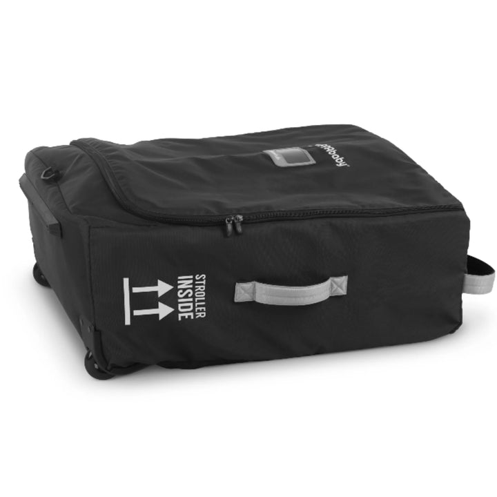 Closed UPPAbaby Minu Duo travel bag in black, stroller travel carry case on white background