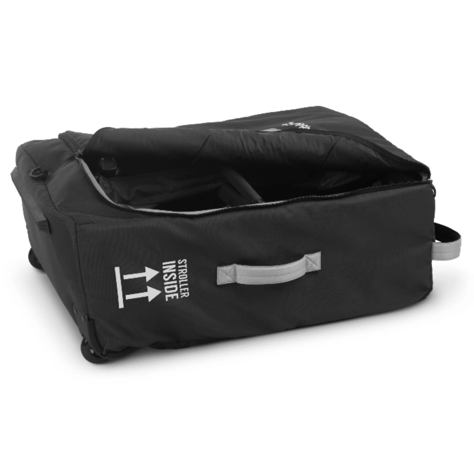 Open UPPAbaby Minu Duo travel bag in black, padded stroller travel carry case on white background