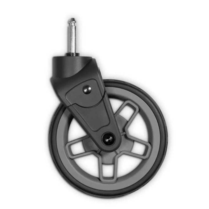 UPPAbaby Minu V3 replacement front swivel wheel with silver spokes and black tyre, standalone product image