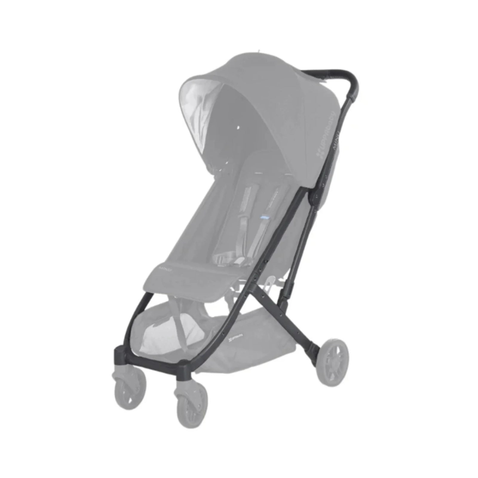UPPAbaby Minu replacement frame (carbon) with black leather handlebar, shown fitted on stroller