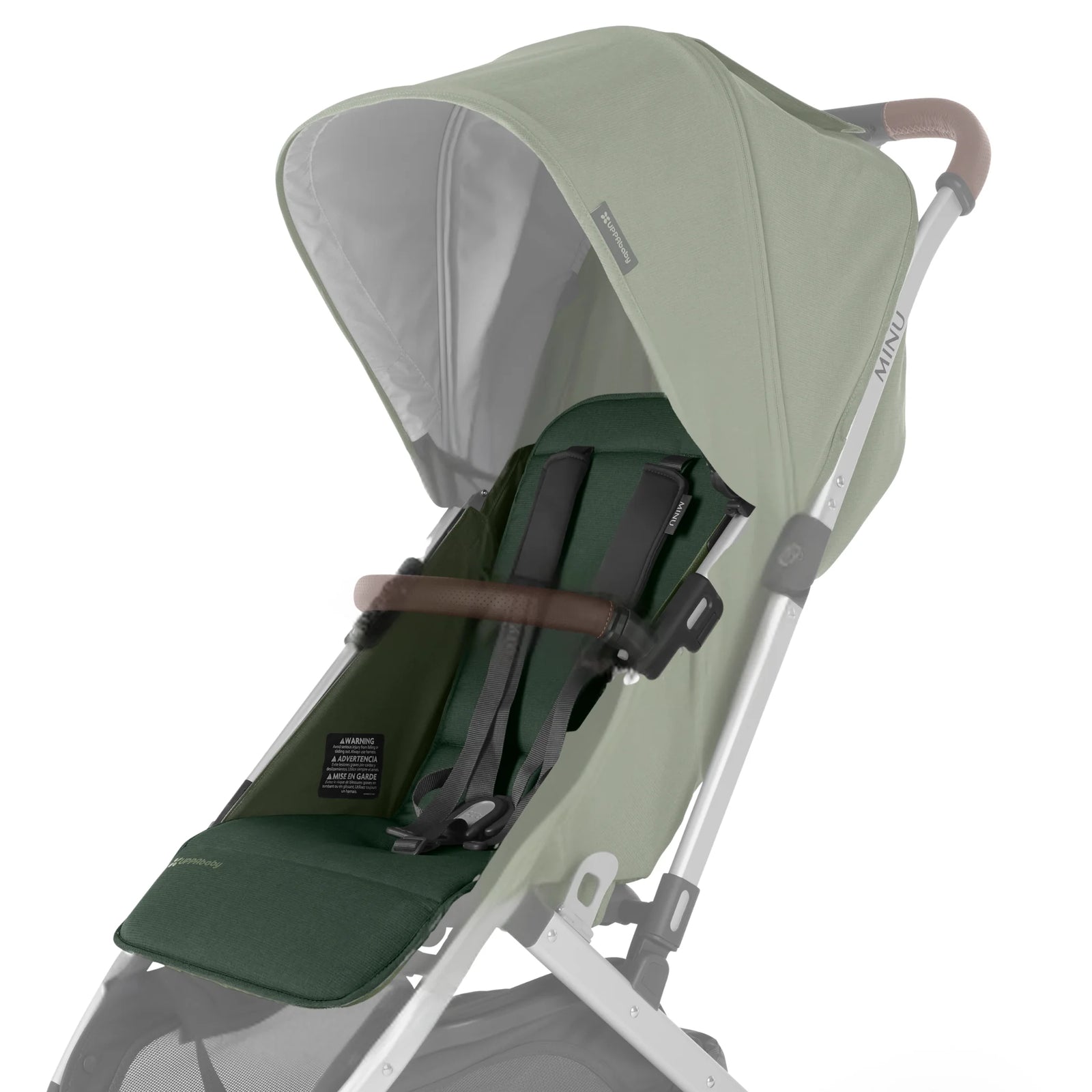 UPPAbaby Minu V2 replacement seat fabric in Emilia (green) attached to stroller frame on white background