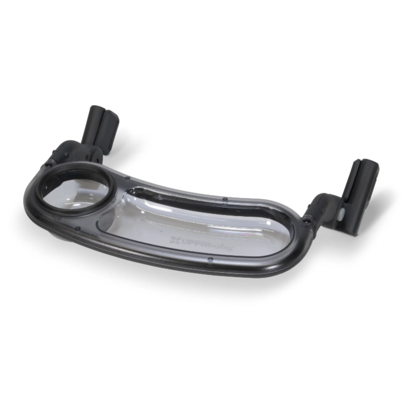 UPPAbaby Minu V2 Snack Tray accessory with built-in cup holder and easy-clean tray, shown on white background.