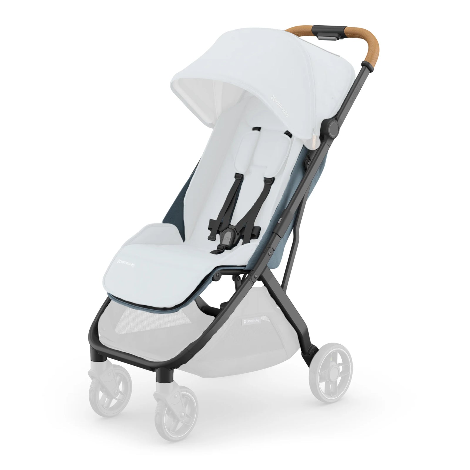 UPPAbaby Minu V3 lightweight stroller with white seat, canopy, and black frame on a white background