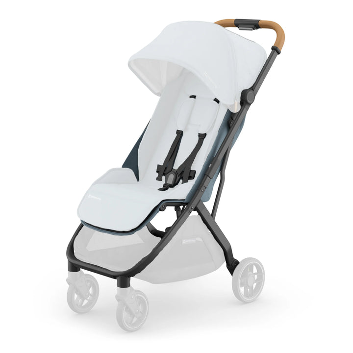 UPPAbaby Minu V3 lightweight stroller with white seat, canopy, and black frame on a white background