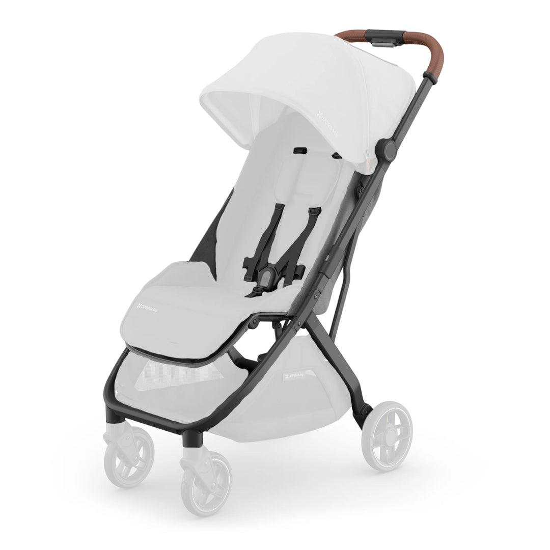 UPPAbaby Minu V3 compact travel stroller in Greyson with white canopy, black frame, and brown handlebar, side view