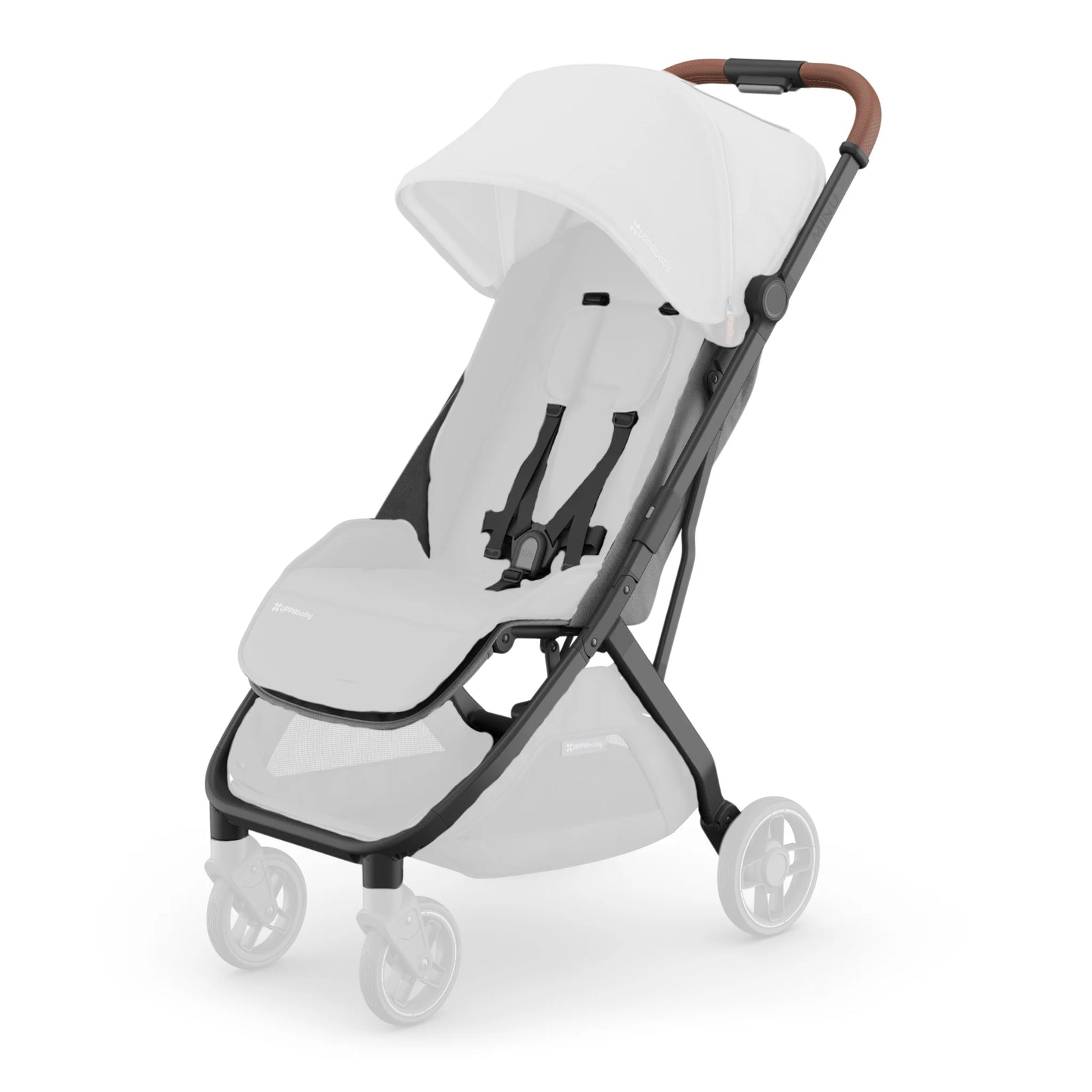 UPPAbaby Minu V3 compact travel stroller in Greyson with white canopy, black frame, and brown handlebar, side view