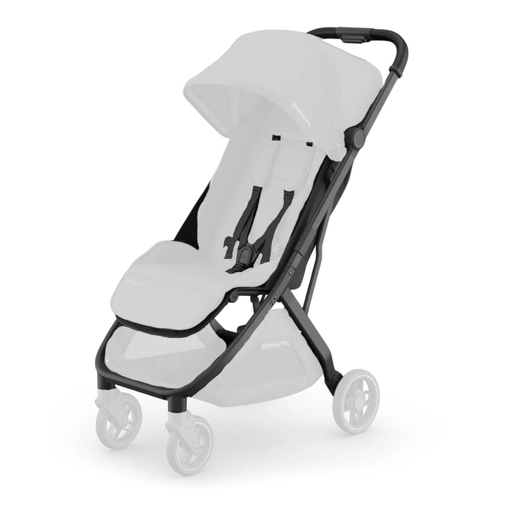 UPPAbaby Minu V3 stroller base frame in Jake (black), shown with seat and canopy removed on a white background.