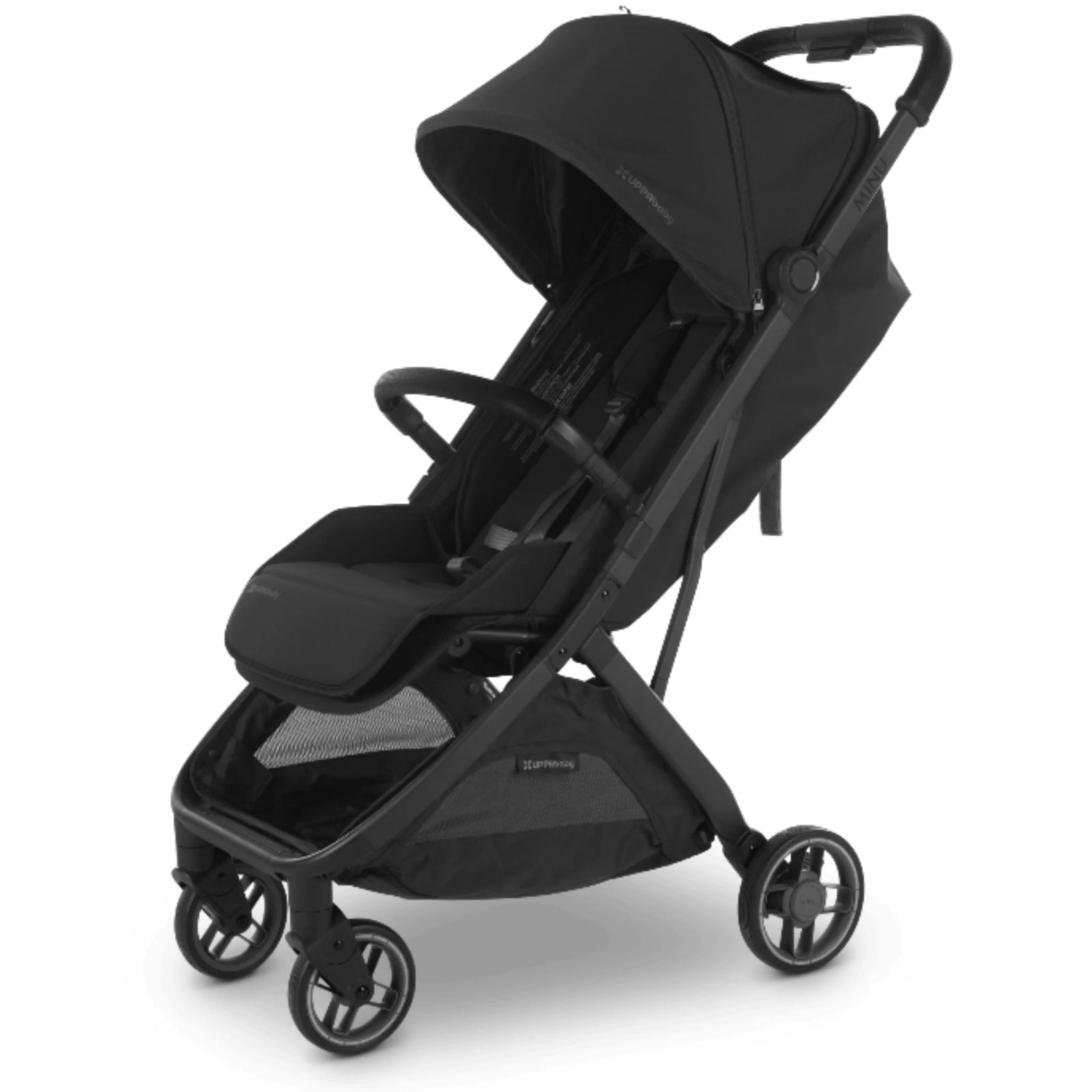 UPPAbaby MINU V3 stroller in Jake with bumper bar attached, shown at an angled view on a white background.