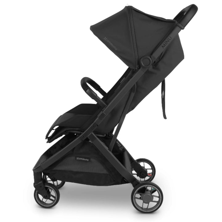 Side view of the UPPAbaby MINU V3 stroller in Jake with bumper bar attached, on a white background.