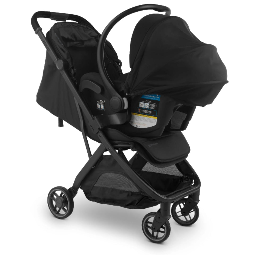 UPPAbaby Minu V3 stroller with angled car seat adapters and infant car seat attached (Maxi-Cosi, Nuna, Cybex compatible