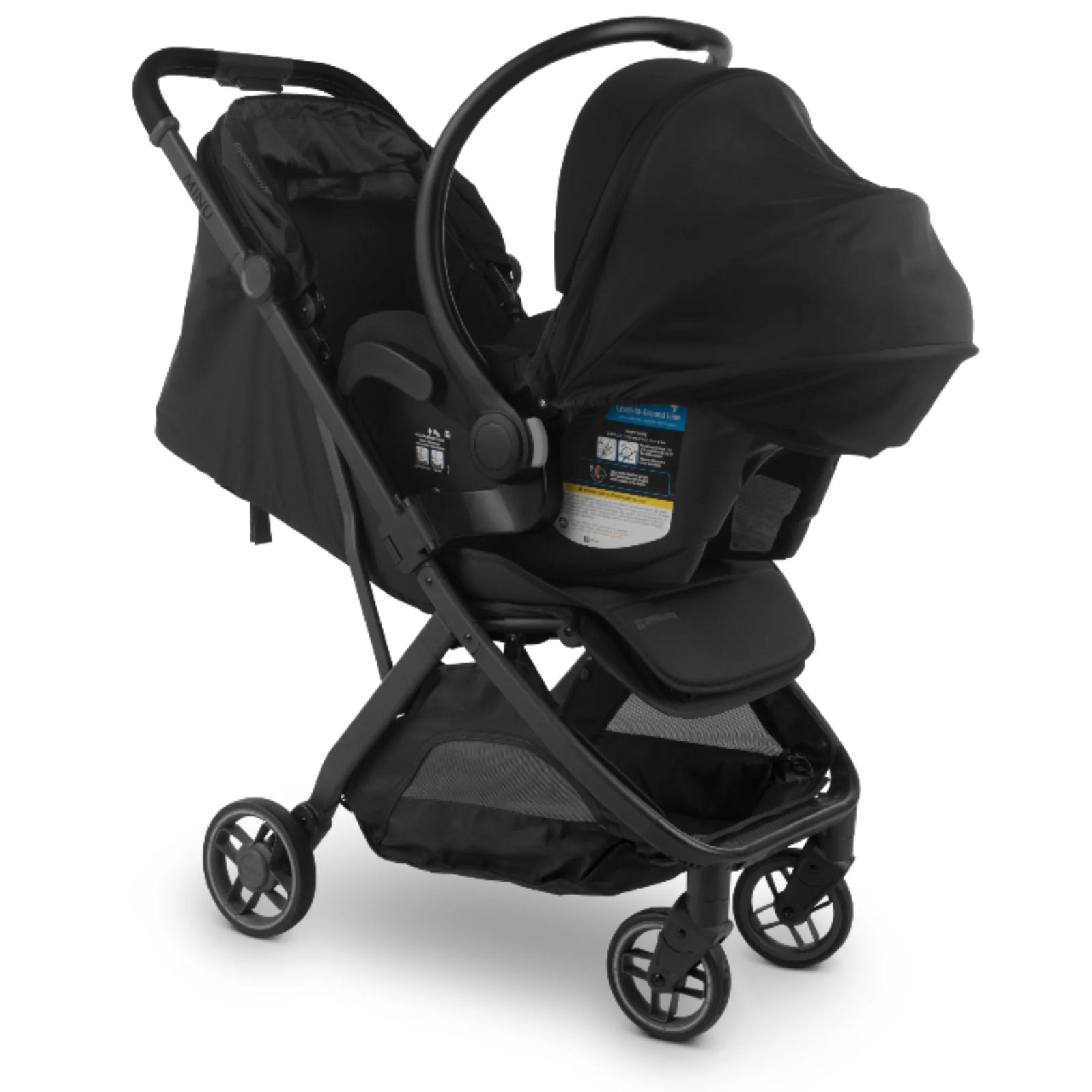 UPPAbaby Minu V3 stroller with angled car seat adapters and infant car seat attached (Maxi-Cosi, Nuna, Cybex compatible